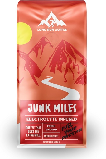 [BRSRMBL6BYHBSCD6] Junk Miles - bánh nướng trung bình - được trộn với Powlytes Powder - Athlete Hydration - Cà phê cho các vận động viên chạy bộ - Keto điện tử: Sodium, Calcium, Magnesium, & Potassium (Ground, 16 Oz)
