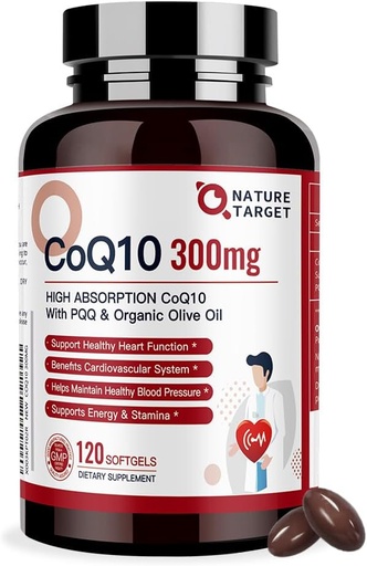 [BRSRMAYBC4IWO3AZ] NATURE TARGET CoQ10-300mg-Softgels + PQQ with Organic-Olive-Oil - High Absorption-Coenzyme-Q10 - Antioxidant-for-Heart-Health and Immune Support, Energy Production, 120 Servings