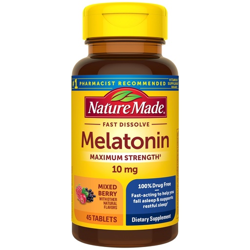 [BRSWYFAHB4BWMHI2] Nature Made Melatonin 10mg Fast Dissolve, Maximum Strength Nighttime Sleep Aid for Adults, 100% Drug-Free, 45 Tablets