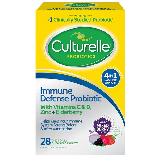 [BRSWYFQCBZYR6CDB] Culturelle Immune Defense Daily Probiotic for Women & Men - 28 Count, Mixed Berry Chewables with 4-in-1 Immune Support. Probiotic Vitamin C, Vitamin D, and Zinc Plus Elderberry