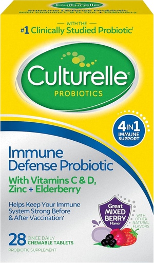 [BRSWYFQCBZYR6CDB] Culturelle Immune Defense Daily Probiotic for kvinner og menn - 28 greve, blandet Berry Chewables med 4-i-1 immunstøtte. Probiotiske vitamin C, vitamin D og sink Plus Elderberry