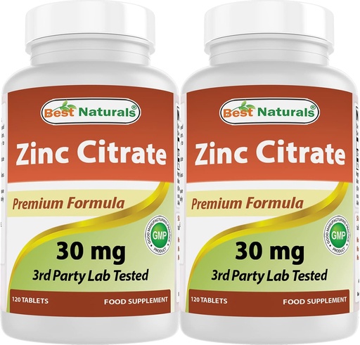[BRSWYGTRDMCWCYI4] Bedste Naturals Zink 30mg Kosttilskud (som zinkcitrat) - zink Vitaminer til voksne immunstøtte - 120 tabletter (120 Tæl (pakke med 2))