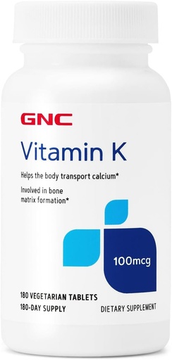 [BRSWKGY4AEEGI2DI] GNC Vitamin K 100mcg, 180 Tablets, Helps The Body Transport Calcium