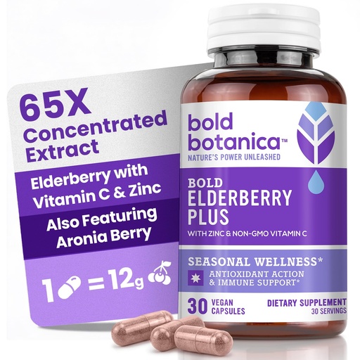 [BRSW2ZLYAQJWCC3J] Bold Botanica Elderberry Plus – 65x Concentrated Black Elderberry Capsules with Vitamin C and Zinc for Adults for Daily Immune Support Supplement & Seasonal Wellness, Non-GMO – 30 Vegan Capsules