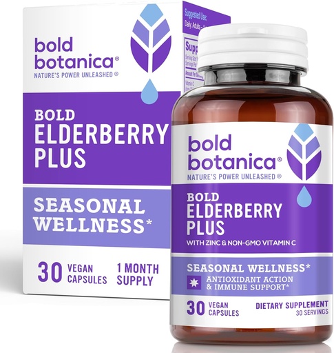 [BRSW2ZLYAQJWCC3J] Bold Botanica Elderberry Plus - 65x Concentrated Black Elderberry Extract with Zinc &amp; Vitamin C for Daily Immune Support &amp; Seasonal Wellness - Non-GMO, 30 Vegan Capsules
