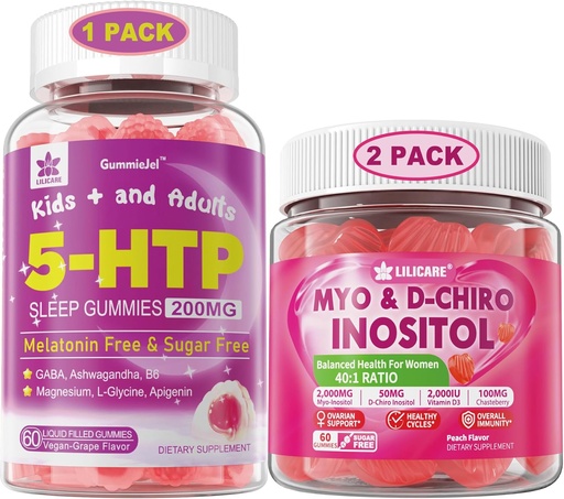 [BRSRAGLYO4NWMDT5] Bundle: 5HTP Gummies Magnesium Glycinate-rekin - Melatonin Free Sleep Gummies helduentzat eta haurrentzat 8+ eta Inositol Gummies Ideal 40:1 Ratio Myo & D-Chiro Inositol osagarria