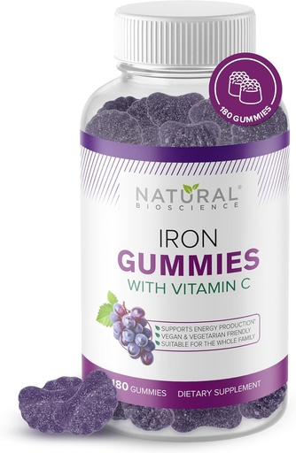[BRSRAEA7DMFAKELA] Iron Gummies with Vitamin C - Chewable Iron Supplement for Iron Deficiency Anemia, Red Blood Cell Support, Energy, Immune Function, Brain Health, Max Absorption, Grape Flavor, 180 Vegan Gummies