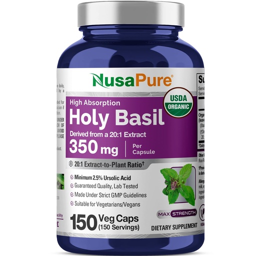 [BRSROBI7CENBSG3D] Organic Holy Basil, Non-GMO, Vegan, 350mg, 150 Veg Capsules - 150 Servings | Ocimum Sanctum Leaf 20:1 Extract, Tulsi, USDA Organic, Herbal Formula, Suitable for Adults, Manufactured in cGMP Facility USA