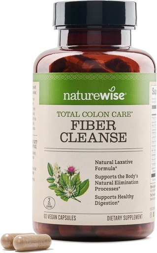 [BRSWKEALDJ5RUAAZ] NatureWise Total Colon Care Fiber Cleanse - Natural Laxative Blend - Herbal Laxantes, Prebióticos, & Enzimas para Regularidade, Digestão, Peso & Gut Saúde - Não-GMO - 60 Cápsulas[30-Dia de Fornecimento]
