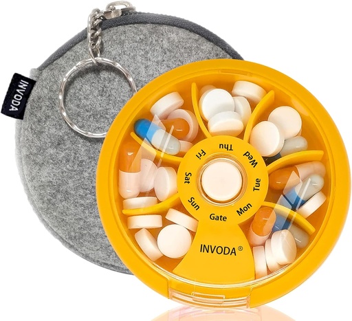 [BRSRM2T3AUCAGFDP] INFODA Weekly Pill Organizer 7 Compartiment Rotating Pill Box voor dagelijkse medicatie & vitamines - Portable Travel Pill Case Visolie Supplementen Vitaminen Organisator (Orange+Bag)