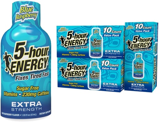 [BRSW2FLRCMBWGYAU] 5-hour ENERGY Shots Extra Strength, Blue Raspberry Flavor, 30 Count, 1.93 Fl Oz, Sugar Free, Zero Calories, Amino Acids and Essential B Vitamins, Dietary Supplement, Feel Alert and Energized, 230 mg Caffeine