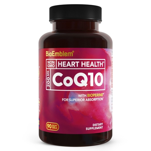 [BRSWGAL2O4IAKC3U] BioEmblem CoQ10 with BioPerine - 200mg Softgels, High Absorption - Coenzyme Q10 Antioxidant for Energy Production, Heart Health - Natural Form, Non-GMO CoQ10 Supplement - 90 Count