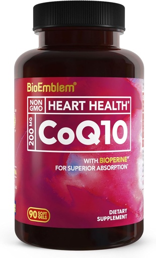 [BRSWGAL2O4IAKC3U] BioEmblem CoQ10 with BioPerine - 200mg Softgels, High Absorption - Coenzyme Q10 Antioxidant for Energy Production, Heart Health - Natural Form, Non-GMO CoQ10 Supplement - 90 Count