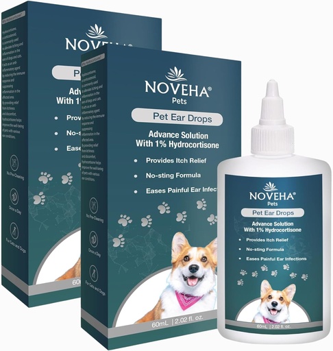 [BRSROHYTCQCQY3IY] NOVEHA Pet Ear Drops z 1% Hydrokortyzonem 124; Oczyszczacz do uszu dla psów i kotów do narośla, No- Sting Formuła, Calms Itch & Redukuje bolesne infekcje ucha 60 ml (60 ml (opakowanie po 2))