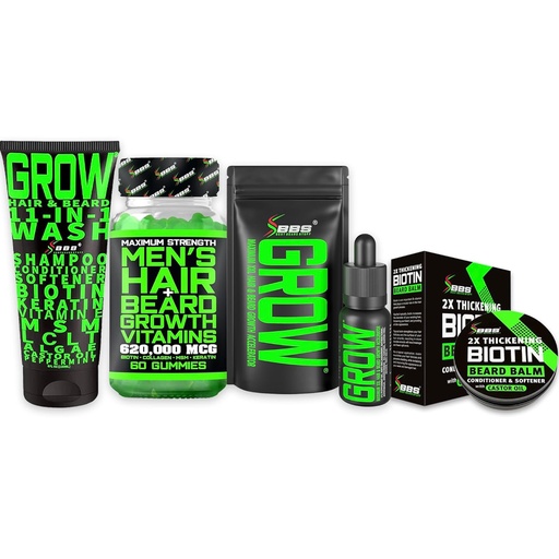 [BRSRAGQFCJ5RSYDH] Beard Growth Kit w/Biotin Hair Growth Vitamins + GROW 11-in-1 Hair Growth Shampoo w/Biotin + 2X Thickening Mustache Wax for Men + GROW Beard Growth Oil for Men - Formulated in America