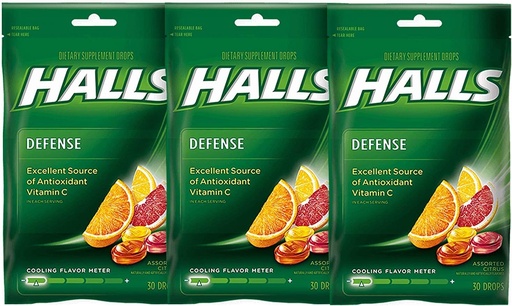 [BRSWIGYYCYHBQEL2] Halls Défense gouttes de vitamine C agrumes assortis - 30 ct, boîte de 3