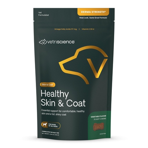 [BRSWGYYQAV4GOELK] VetriScience Healthy Skin & Coat Chews, Derma Strength Omega-3 Salmon Oil Supplement for Dogs, Omega Skin and Coat Chews, Skin Health, Coat Growth, Veggie, 70 Count