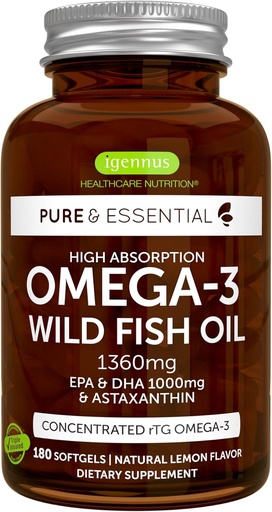 [BRSWYBIKOAPGC23U] Igennus Ultra Pure Omega 3 Triglyceride rTG Wild Fish Oil 1360mg, IFOS Certified, EPA DHA 1000mg Plus Astaxanthin, Non-GMO, for Men & Women, 180 Softgels
