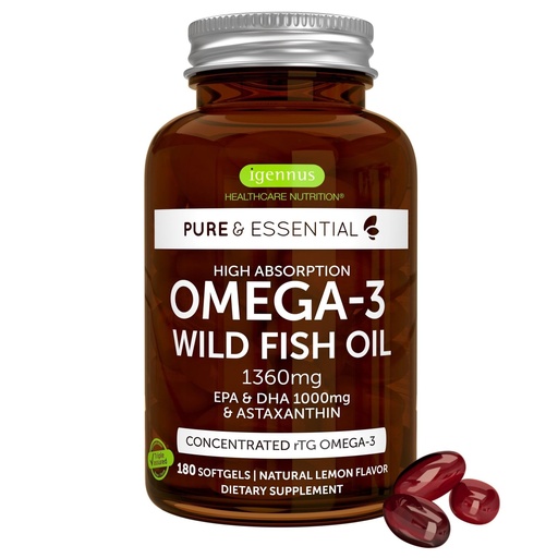 [BRSWYBIKOAPGC23U] Igennus Ultra Pure Omega 3 Triglyceride rTG Wild Fish Oil 1360mg, IFOS Certified, EPA DHA 1000mg Plus Astaxanthin, Non-GMO, for Men & Women, 180 Softgels