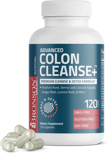 [BRSRA2QYBZ6AMDTJ] Bronson Advance Colon Cleanse Premium Cleanse & Detox Formula ar Psyllium Husk, Senna Leaf, Cascara Sagrada, Ingvera saknes, lakricas saknes un vairāk, ne-GMO, 120 kapsulas