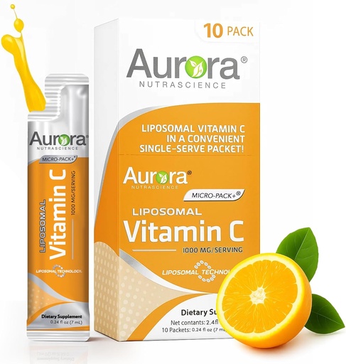 [BRSRAGQQABYWGCYY] Aurora Nutrascience Micro-Pack Liposomal Vitamin C, Immune Support, 1,000 mg Per Serving, Vegan, Gluten Free, Non-GMO, 10 Single Serve Packets, Orange