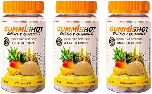 [BRSRAYI7CJ6WCEY7] Gummies de enerxía GummiShot, 2475 mg de garrafas de cafeína baseadas en plantas por botella, impulsores de enerxía de longa duración, 33 condes tropicais (Pack of 3)