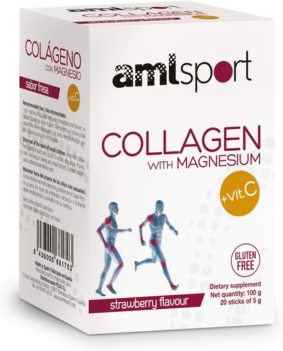 [BRSWYHYPPN6AECTL] AML Sport - Collagen with Magnesium with Vitamin C Sticks - Strawberry Flavour - Travel Pack -20 Sticks. Hydrolized Collagen. Dairy, Gluten and Sugar Free.