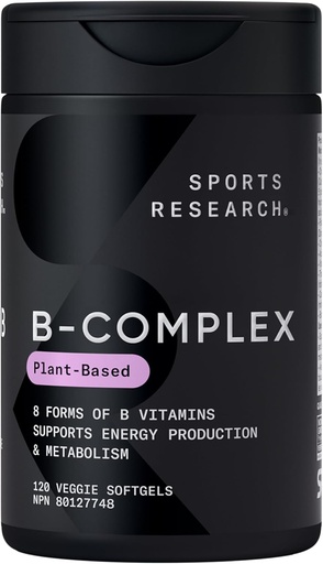 [BRSROBAHCMPQGF34] Sports Research® Vitamin B-Complex - Full Spectrum of B Vitamins with Methylated B12 & Folate - Gluten Free · Plant-Based · Non-GMO · Vegan-Friendly Formula - 120 Veggie Softgels