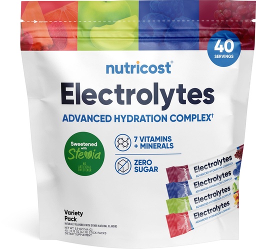 [BRSRAEARCUFGCH33] Nutricost Electrolytes Complex, Variety Pack Flavored, 40 Stickpacks - Advanced Hydration Complex