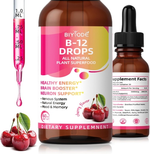 [BRSRA2QPCVYRUELD] Vitamin B12 5000 mcg Liquid Drops All Natural Plant Superfood Healthy Energy Brain Booster Neuron Support Nervous System Natural Energy Mood Memory 60ml Net Wt Cherry Flavor