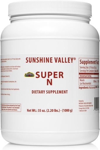 [BRSWGGL4BAAWE3T3] Sunshine Valley® Super N Niacinamide Powder (35 oz) - Niacin Vitamina B3 Suplemento dietético para Energía, Digestión, Anti-Aging &amp; Healthy Skin - Natural, Flush-Free