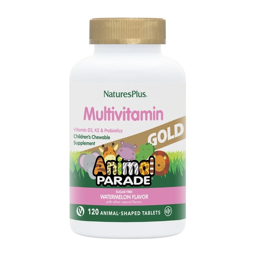 [BRSWIZ34OAMRKYAV] NaturesPlus Animal Parade Gold Multivitamin Children’s Chewables - Watermelon Flavor - 120 Animal-Shaped Tablets - Vitamin D3, K2 & Probiotics - Vegan, Gluten Free - 60 Total Servings
