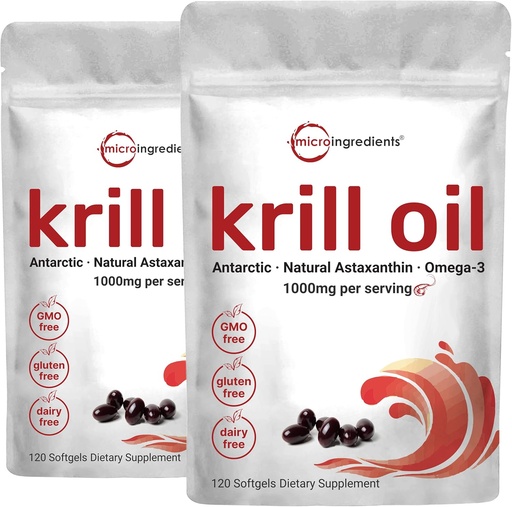 [BRSWYCT7BV4A2G3G] 2 Pack Antario Krill Oil Supplies, 1000mg per service, 120 Soft-Gels each, 富含Omega-3s, EPA, DHA & Astaxanthin, 支持脑健康, Premium Krill Oil Capsules 液态软胶