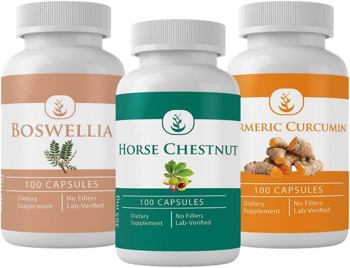 [BRSROEILOIPR6YDJ] PURE ORIGINAL INGREDIENTS Horse Chestnut, Boswellia, and Turmeric Capsule Bundle, 100 Capsules Each, Always Pure, No Addittives or Fillers