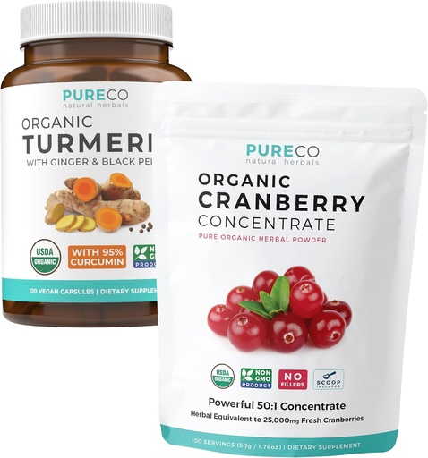 [BRSRAYDYDIARAAL3] Turmeric & Cranberry Powder (3-Month Supply) Berry Turmeric Blend Bundle of Organic Turmeric Curcumin with Black Pepper & Ginger (120 Caps) & Organic Cranberry Concentrate Powder Extract (100 Scoop)
