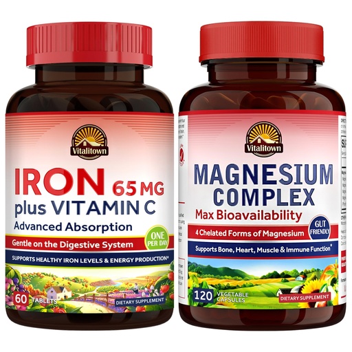 [BRSRAAIPCEHWOEY4] Vitalitown Magnesium Complex Supplement 500mg & 65mg Iron Supplement for Women Men, for Sleep, Muscle, Blood Building & Energy Improvement