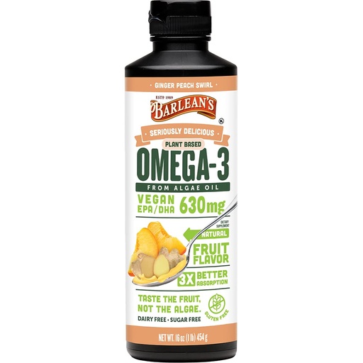 [BRSRMZAOCMGWCG3G] Barlean's Ginger Peach Vegan Omega 3 Supplement, Liquid Algae Oil with 630 mg EPA & DHA, Plant Based Omegas from Algal Oil, Non-GMO & Gluten Free, 16 oz