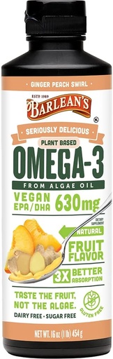 [BRSRMZAOCMGWCG3G] Barleans Ginger Peach Vegan Omega 3 Supplement, Flüssiges Algenöl mit 630 mg EPA & DHA, Pflanzen basierte Omegas aus Algal Öl, Non-GMO & Gluten frei, 16 Unzen