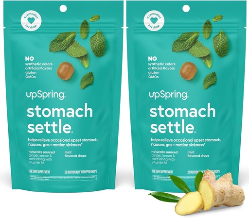 [BRSRAY36OF4AIG36] UpSpring Stomach Settle Drops for Occasional Nausea Relief, Upset Stomach and Motion Sickness with Ginger, Lemon, Spearmint and B6, Mint Flavor Drops, 56ct (Pack of 2)