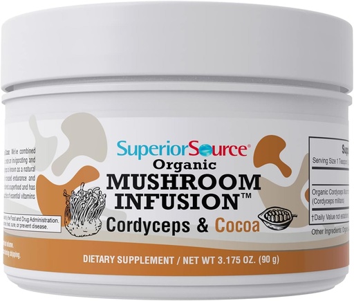 [BRSRMGIZO4JR4D37] Superior Source Organic Mushroom Infusion – Cordyceps & Cocoa, Increased Energy, Stamina & Endurance, Anti-Aging Properties, Heart Health, Powerful Immune Support, 45 Servings, Non-GMO
