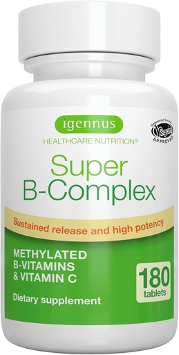 [BRSWYZQBBNYGK2TH] Igennus Super B-komplekss Metilēti B-vitamīni, MTHFR Papildinājums ar metilfolātu & B12 Metilkobalamīns, augsta bioloģiskā pieejamība un potence, Vegan, Lab Verified, 180 mazas tabletes