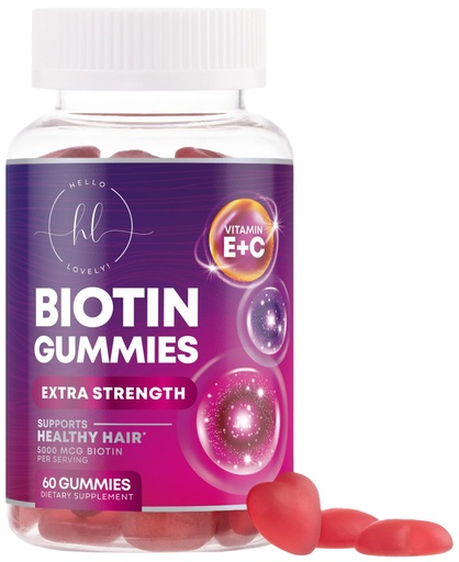 [BRSWYZYCAR5BMAY2] Hair Vitamins Gummies with Biotin 5000 mcg per Serving - Hair Growth Support with Vitamins E & C for Thicker, Stronger & Beautiful Hair - Hair Skin and Nails Vitamin, Gluten Free - 60 Gummies