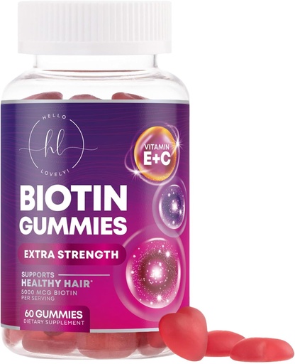 [BRSWYZYCAR5BMAY2] Hair Vitamins Gummy with Biotin 5000 mcg - Hair Growth Support with Vitamins E & C for Thicker, Stronger & Beautiful Hair - Hair Skin and Nails Vitamin for Women, Non-GMO, Gluten Free - 60 Gummies
