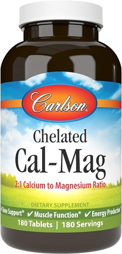 [BRSWIYILCUAAC3Y3] Carlson - Chelated Cal-Mag, 2:1 Calcium to Magnesium Ratio, Bone Support, Muscle Function & Energy Production, 180 Tablets