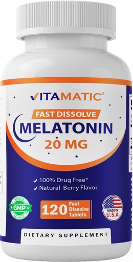 [BRSRMYLRBMNBYDY7] Vitamatic Melatonin 20 mg Tablets –Natural Berry Flavor – 120 Vegetarian Tablets per Bottle – 6 Bottles (Total 720)