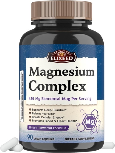 [BRSRAYYRAAFRA33U] Chelated Magnesium Complex Supplement 960mg per Serving, 10 lomakkeet, Magnesium Glycinate, Sitraatti, Malaatti, Taurate & enemmän, tuki uni & energia, korkea imeytyminen, 90 vegan Caps