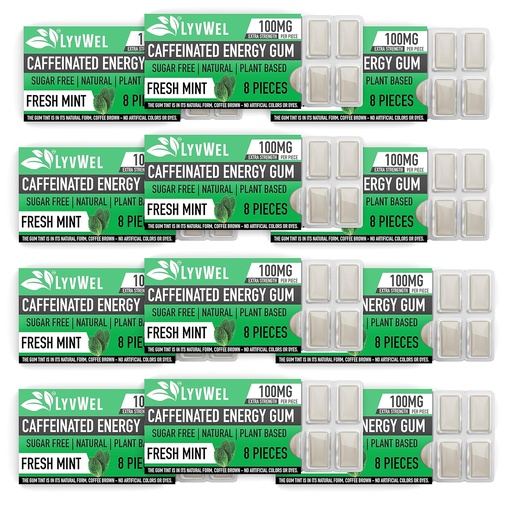 [BRSROYYKAQMWADTH] LyvWel Energy Gum | 100mg Caffeine per gem | All Natural | Sugar-Free Pre-Workout Boost: Your Essential Energy Supplement to Stay Awake- Carton 12 pack (Mint- 12 pack)