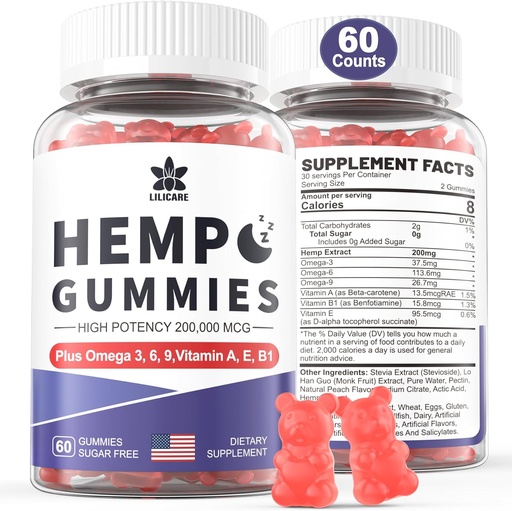 [BRSWGBIKCEPAIHTA] HempTotally Hemp Gummies 200mg, High Potency Vegan Hemp Oil with Omega 3 6 9, Vitamin A、E & B1, Zero Sugar, 60 Gummies, 30 Servings