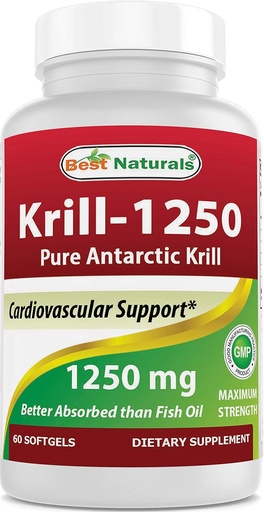 [BRSWGBQZPIIGGYAZ] Best Naturals Pure Antarctic Krill Oil 1250 mg (Triple Strength) with Omega-3s EPA, DHA and Astaxanthin 60 Softgels