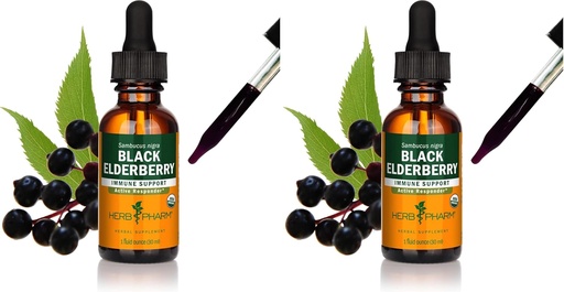[BRSRAY3ROUPBGADK] Herb Pharm Certified Organic Black Elderberry Liquid Extract pro podporu imunitního systému, Organic Cane Alkohol, 1 Oz (balení po 2)